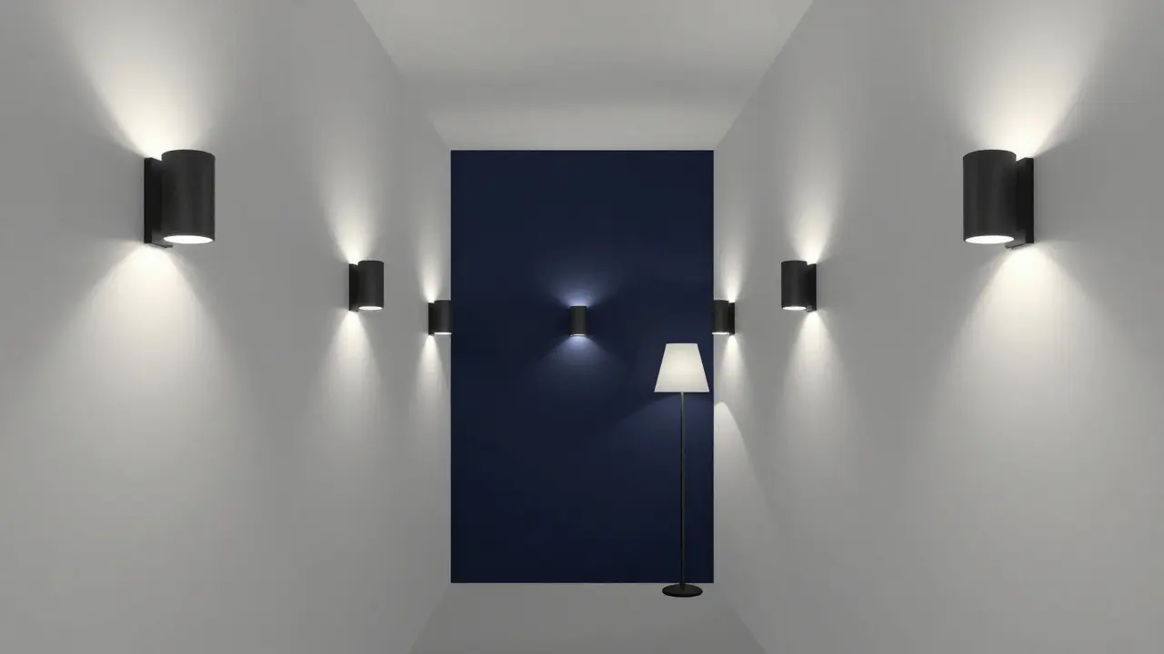 Úzká chodba s tmavě modrou stěnou na konci a mírně osvětlenými bočními stěnami, vytvářející iluzi hloubky.