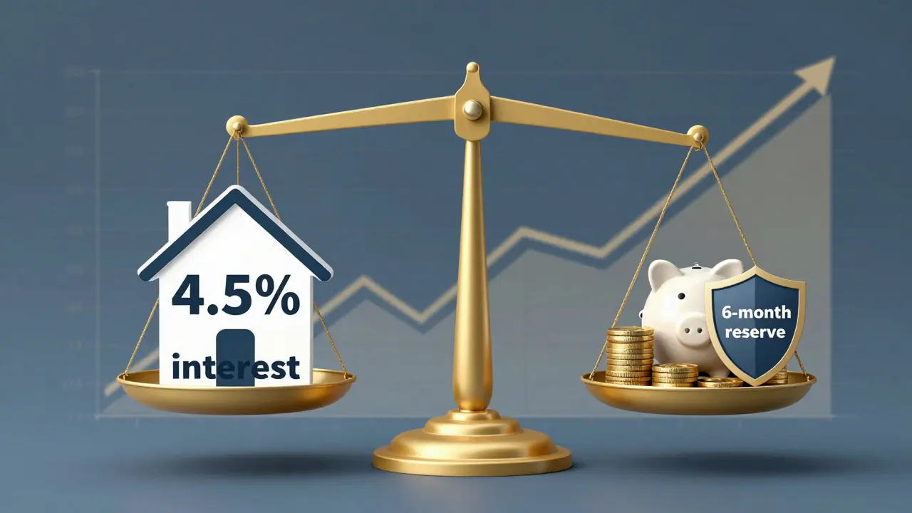 Váha s hypotékou a rezervou: jedna strana ukazuje vyšší úrok, druhá zajišťuje finanční bezpečnost.