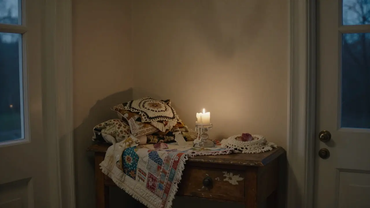 Večerní chodba s jednou svíčkou, květinovými textiliemi a vybledlými stěnami v bělavé barvě.