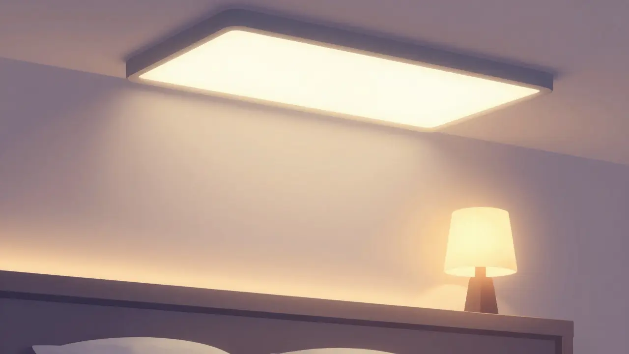 Vrstvené osvětlení ložnice s LED panelem, lampičkou a páskem.