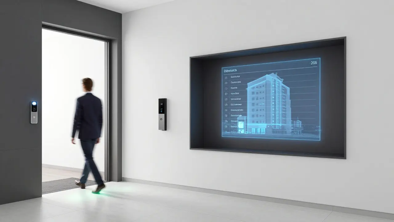 Chytrá vstupní hala s automatickým osvětlením, nabíječkami a antibakteriálními dlaždicemi.