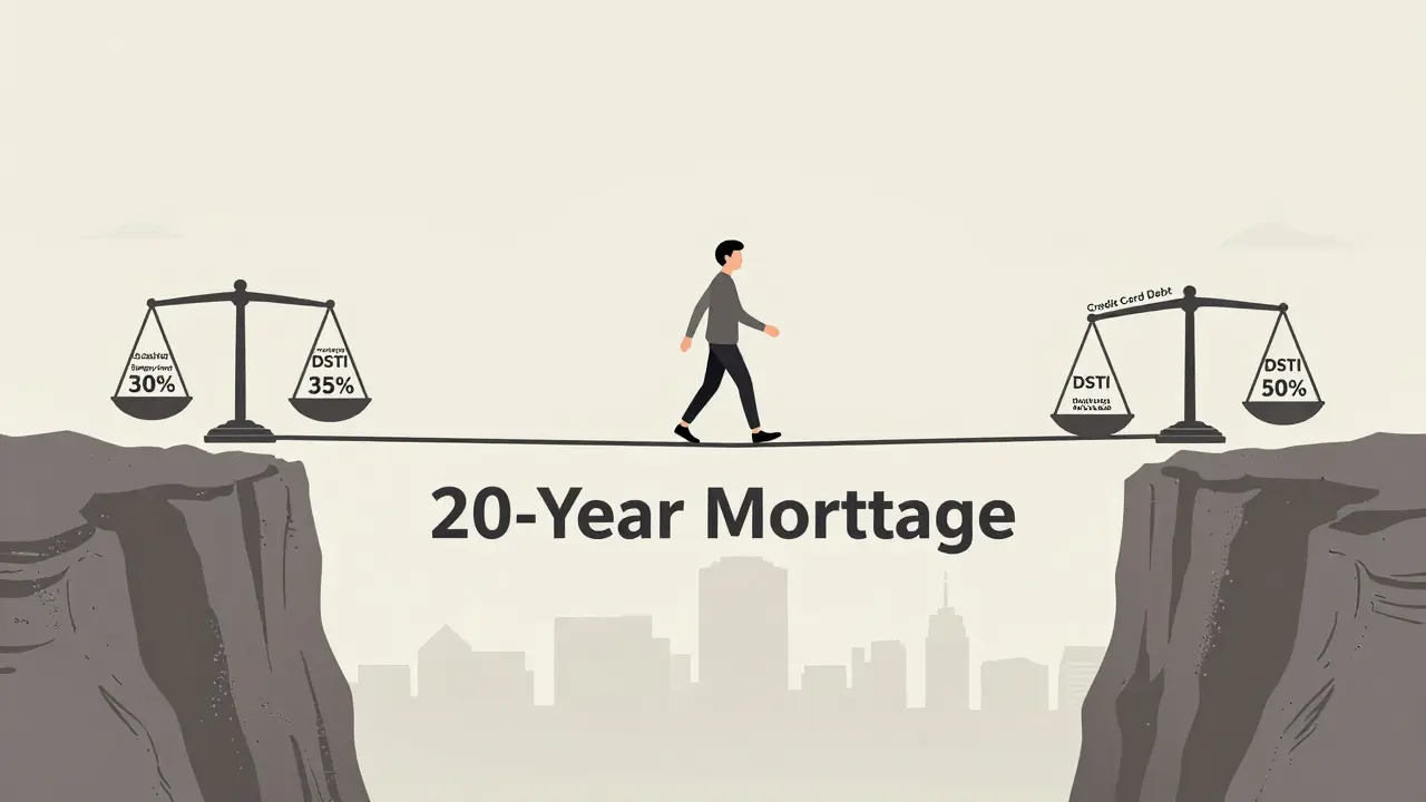 Člověk balancuje na šňůře nad propastí hypotéky s vahami příjmů a výdajů.