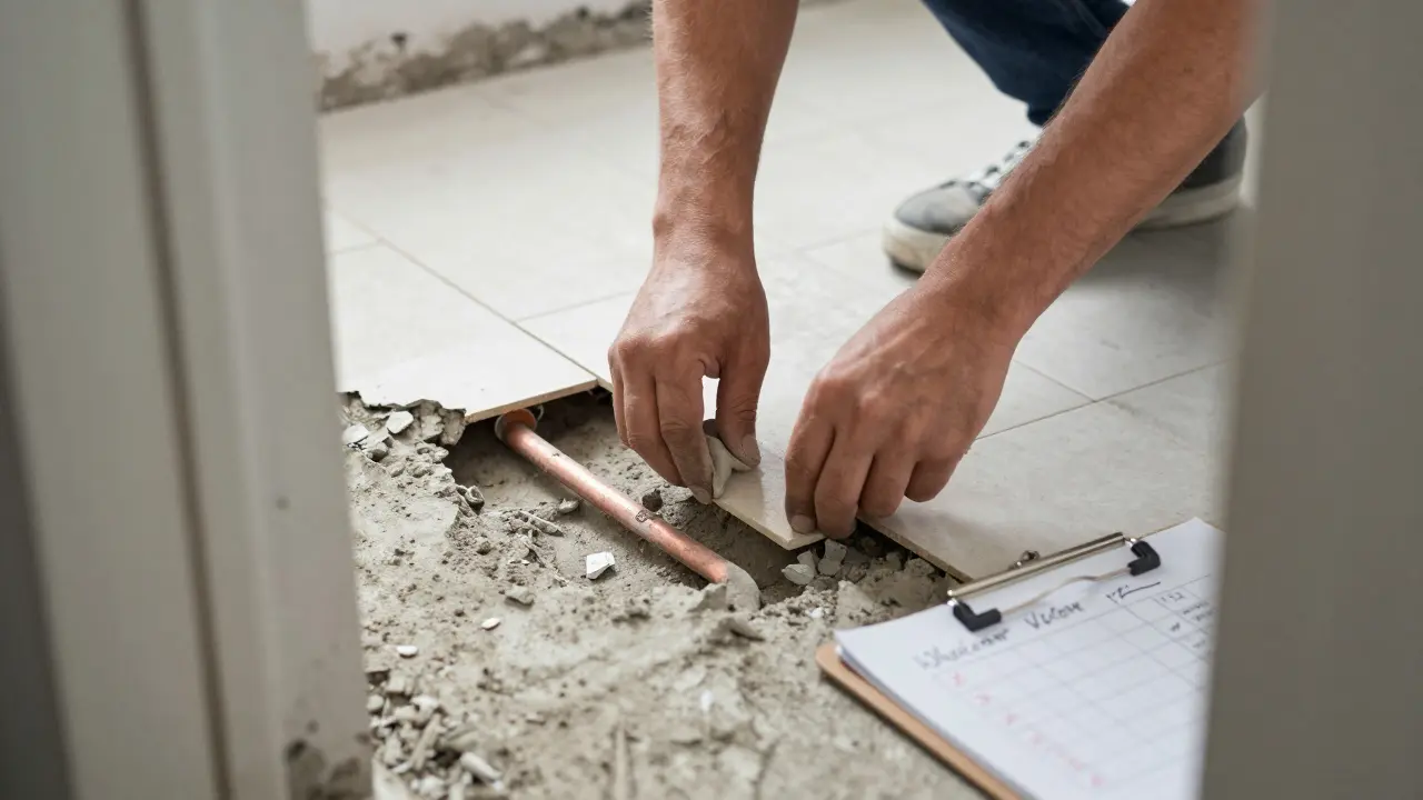 Dělník odstraňuje starou dlažbu a odhaluje staré potrubí v panelovém bytě.