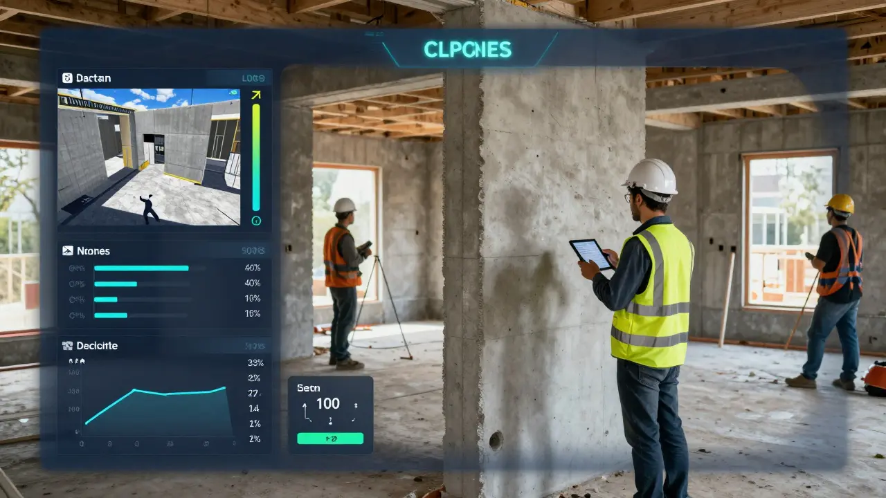 Digital dashboard overlay on a half-built house showing real-time construction quality data.