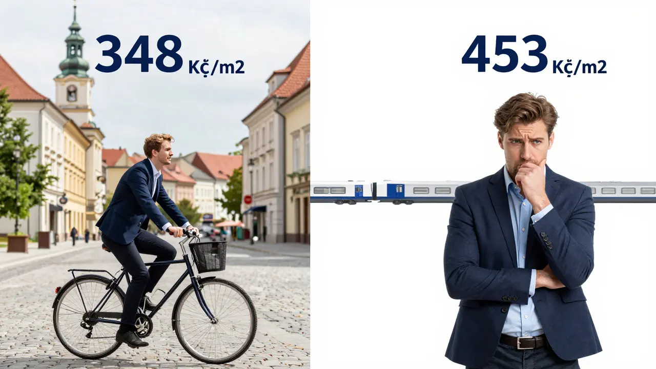 Dvě scény: mladý muž v Brně s nízkým nájmem a v Praze s vysokým nájmem, spojené vlakovou tratí.