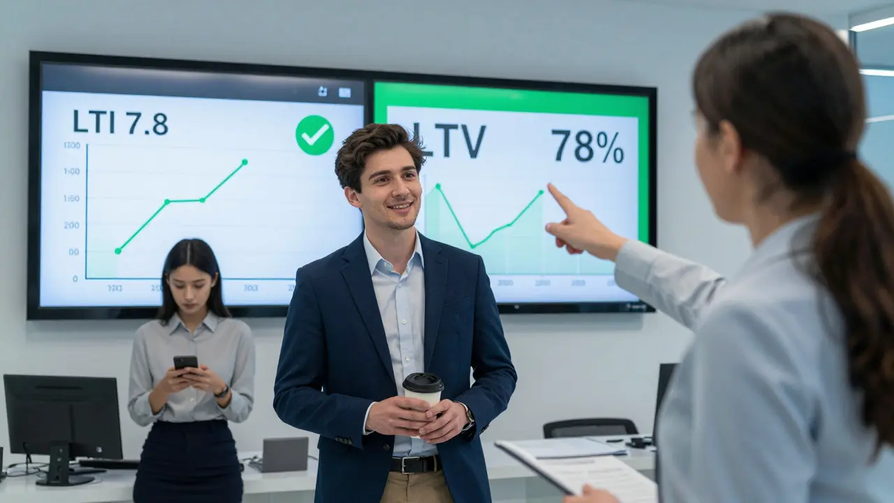 Finanční poradce ukazuje na obrazovce s LTI a LTV v české bance.