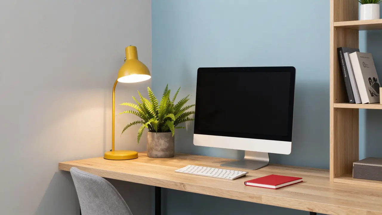 Harmonická kancelář s šedými stěnami, modrým akcentem a žlutými detaily, s rostlinou a dřevěnými prvky.