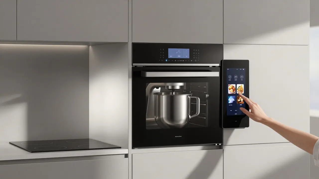 Integrovaný systém Electrolux Kitchen Hub s indukční deskou, troubou a robotickým mixérem ve moderním designu.