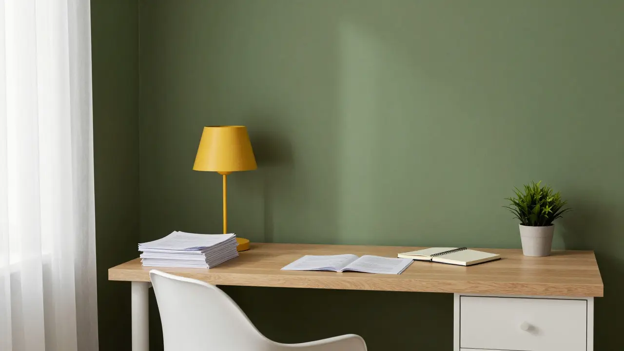 Kancelář s olivově zelenou stěnou, bílým nábytkem a žlutou lampa, osvětlená jemným denním světlem.