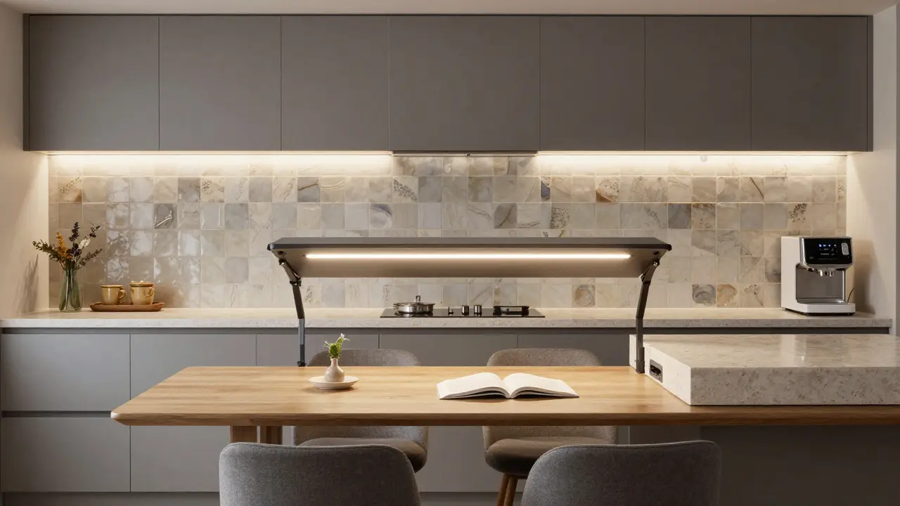 Kuchyňský ostrůvek slouží jako stůl, pracovní plocha a bar s integrovanými technologiemi.