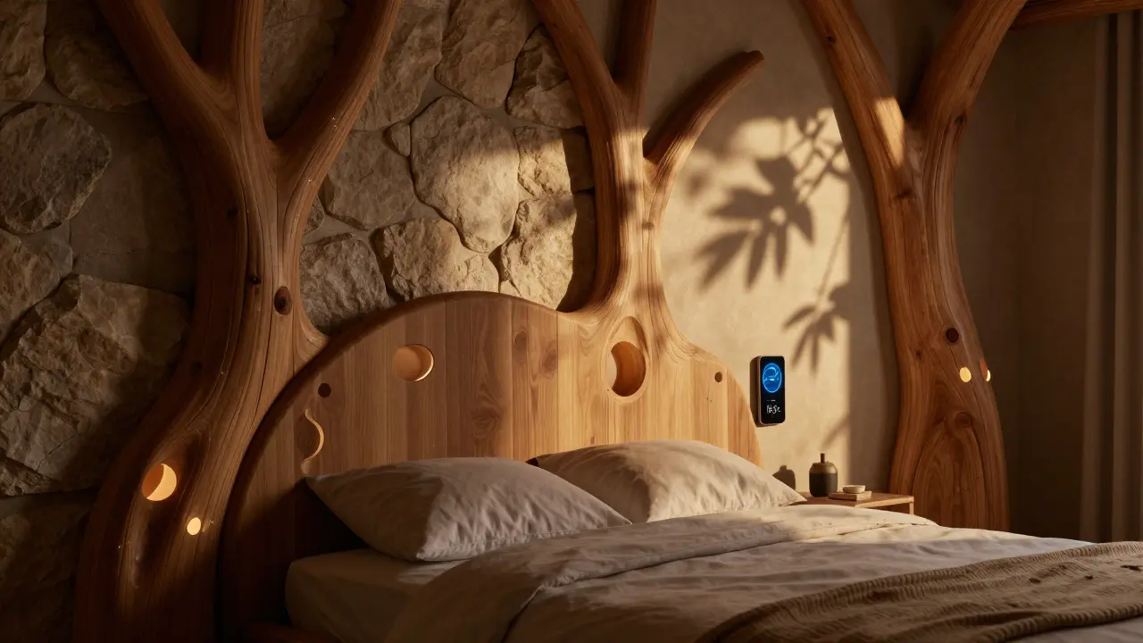 Ložnice inspirovaná přírodou s organickými tvary, chytrým termostatem a jemným teplým osvětlením pro hluboký spánek.