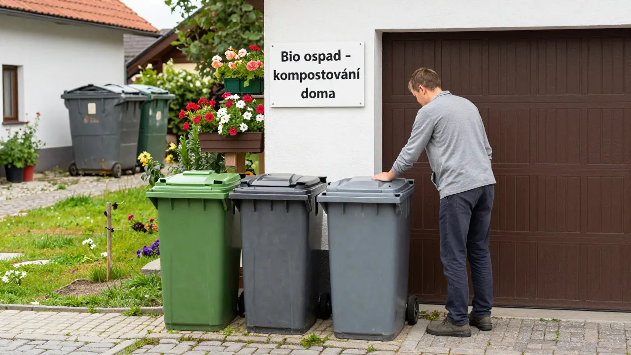 Malá česká vesnice: domácnost připravuje kompaktní nádoby na sběr odpadu bez použití veřejných kontejnerů.