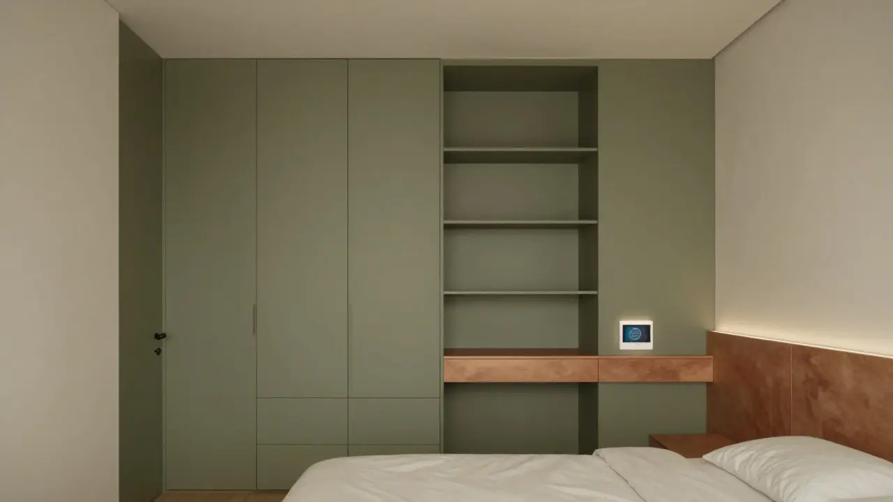 Minimální ložnice s integrovanými úložnými systémy, chytrým osvětlením a zemitou barevnou paletou bez přetížení.