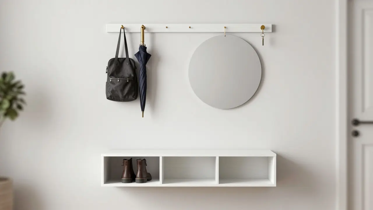 Minimálnistická předsíň s věšákem, botníkem a zrcadlem v čistých čarách, bez chaosu a nepořádku.