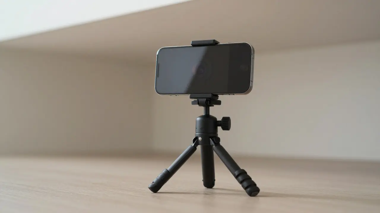 Mobilní telefon na stativu při focení realitních fotografií.