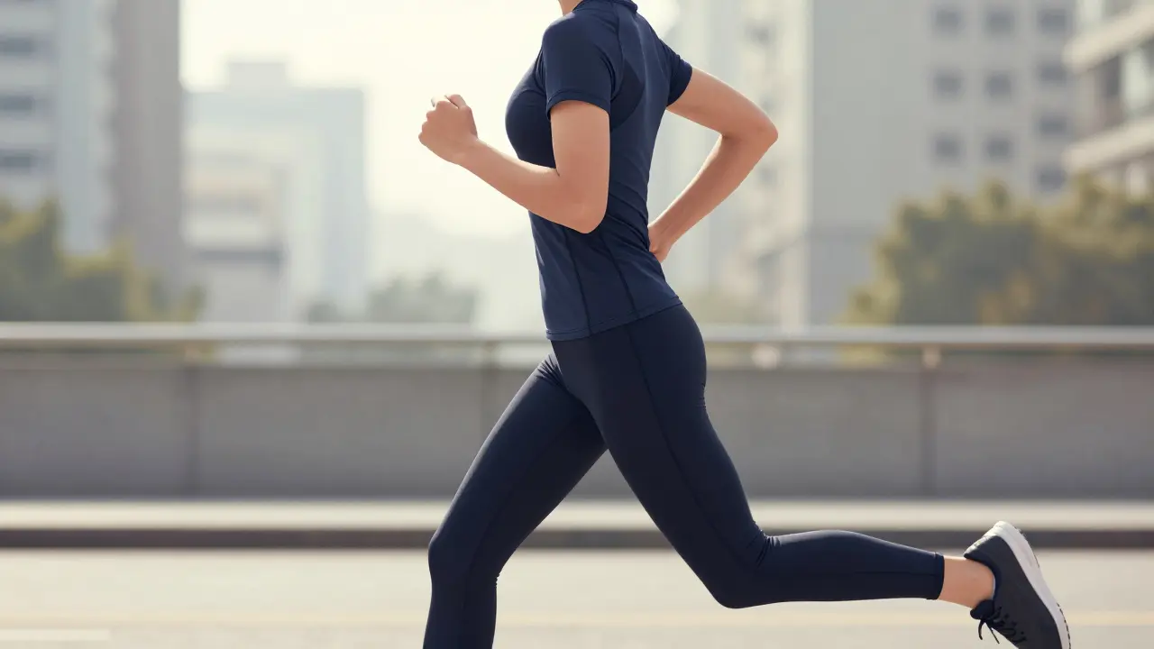 Osoba běžící v oblečení z polyesteru, modalu a elastanu v městském prostředí