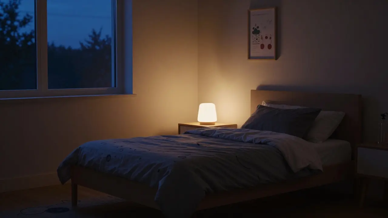 Pokoj před spaním s tlumeným nočním světlem podporujícím odpočinek dítěte.