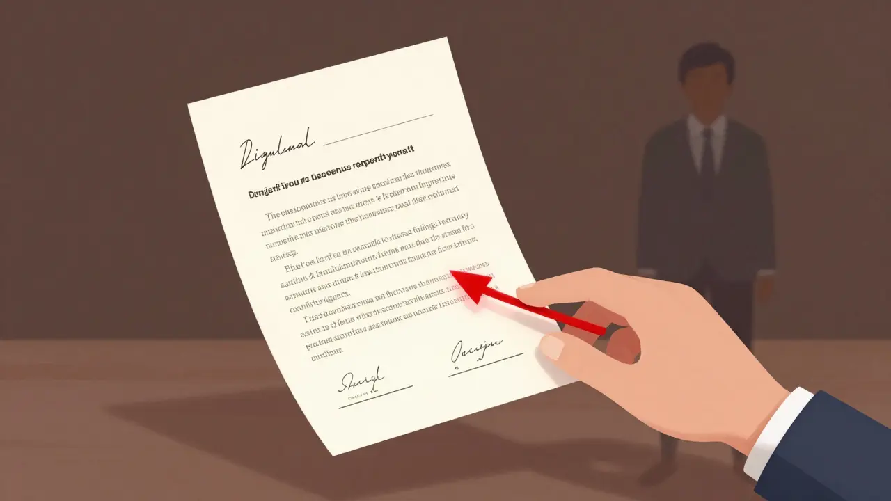 Právní dokument s chybějícími prvky, jako jsou podpisy, cena a výlučnost, označené červenými šipkami.