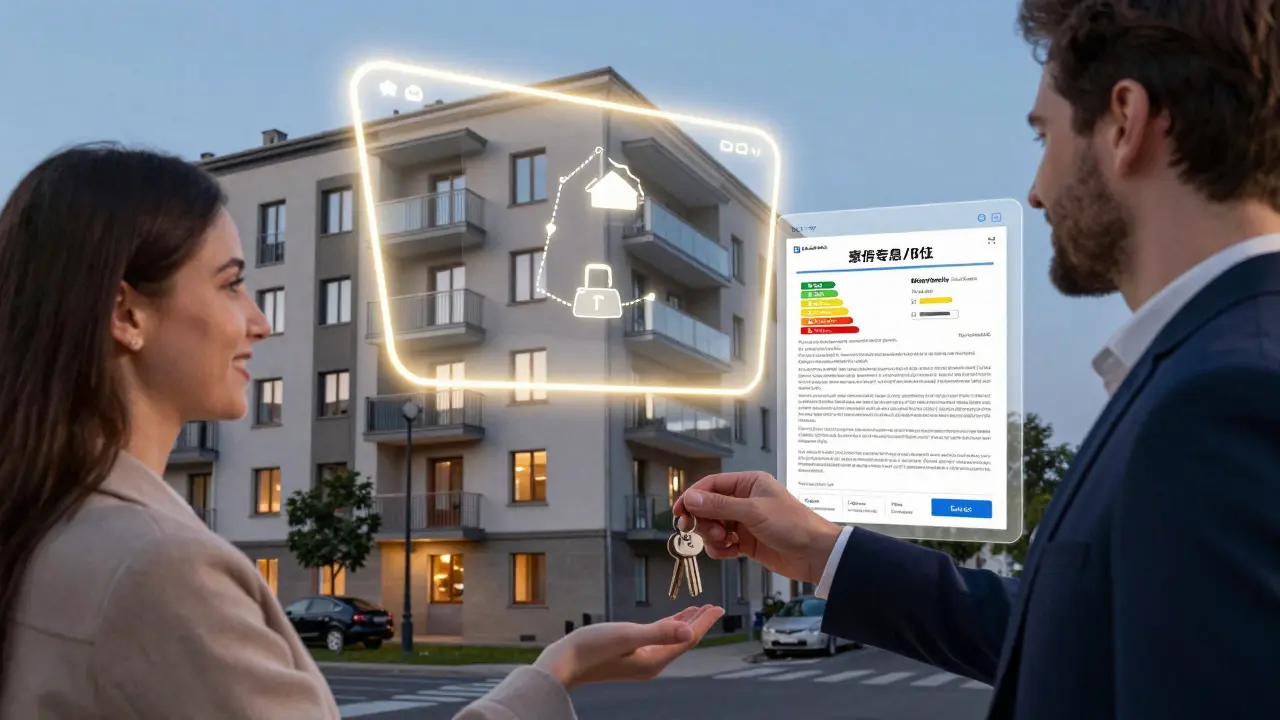 Profesionální předání klíčů s 3D prohlídkou nemovitosti jako digitální vrstvou nad budovou.