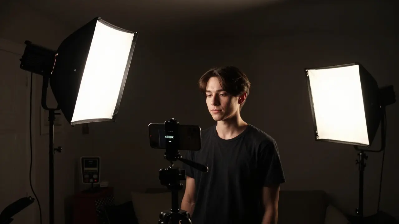 Profesionální tříbodové osvětlení pro filmové natáčení s klíčovým, doplňkovým a zadním světlem.