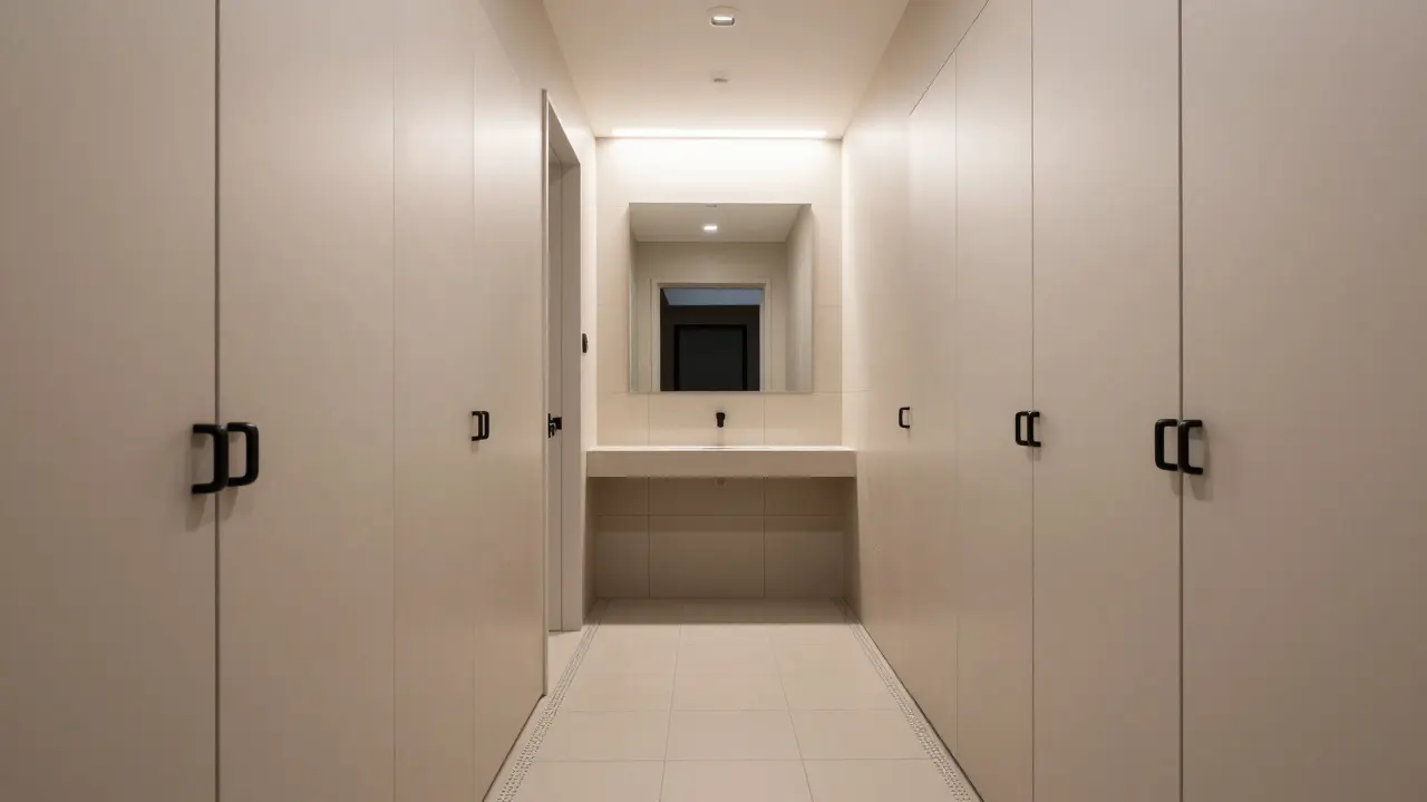 Renovovaná vstupní hala s výškovým úložištěm a velkoformátovými dlaždicemi.