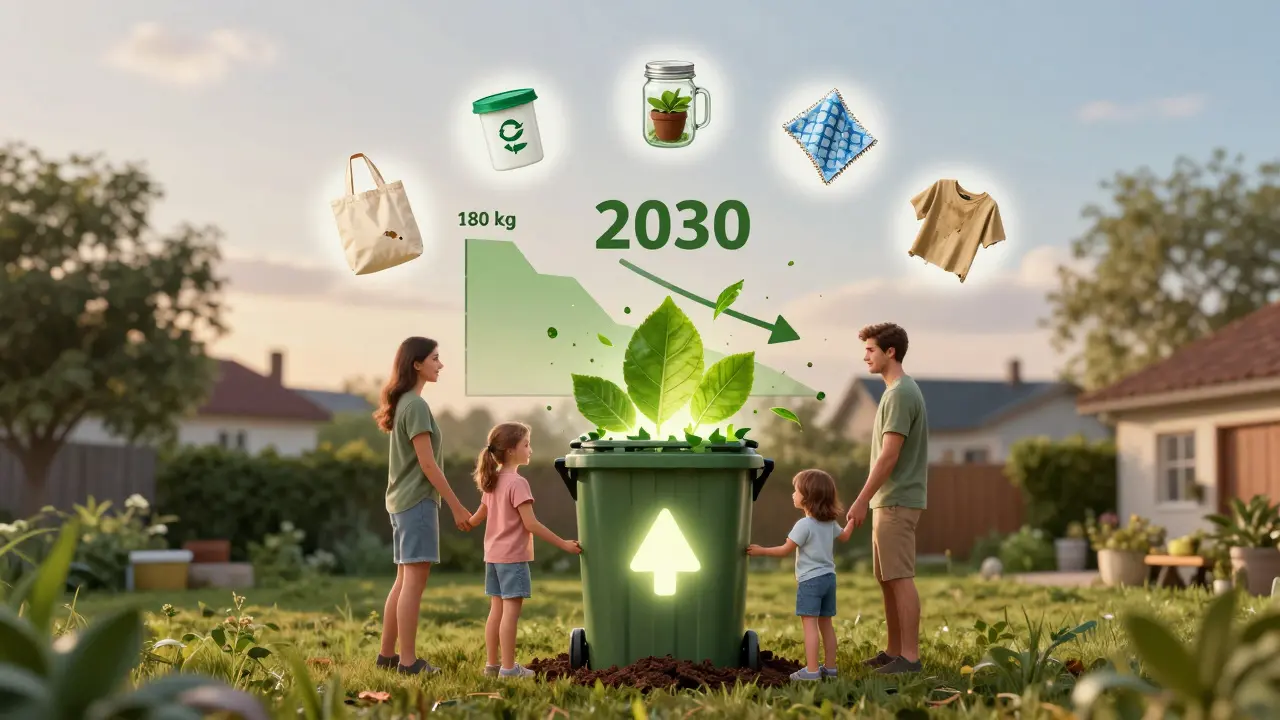 Rodina kompostuje doma a redukuje odpad — repurponované předměty a klesající množství odpadu na grafu.