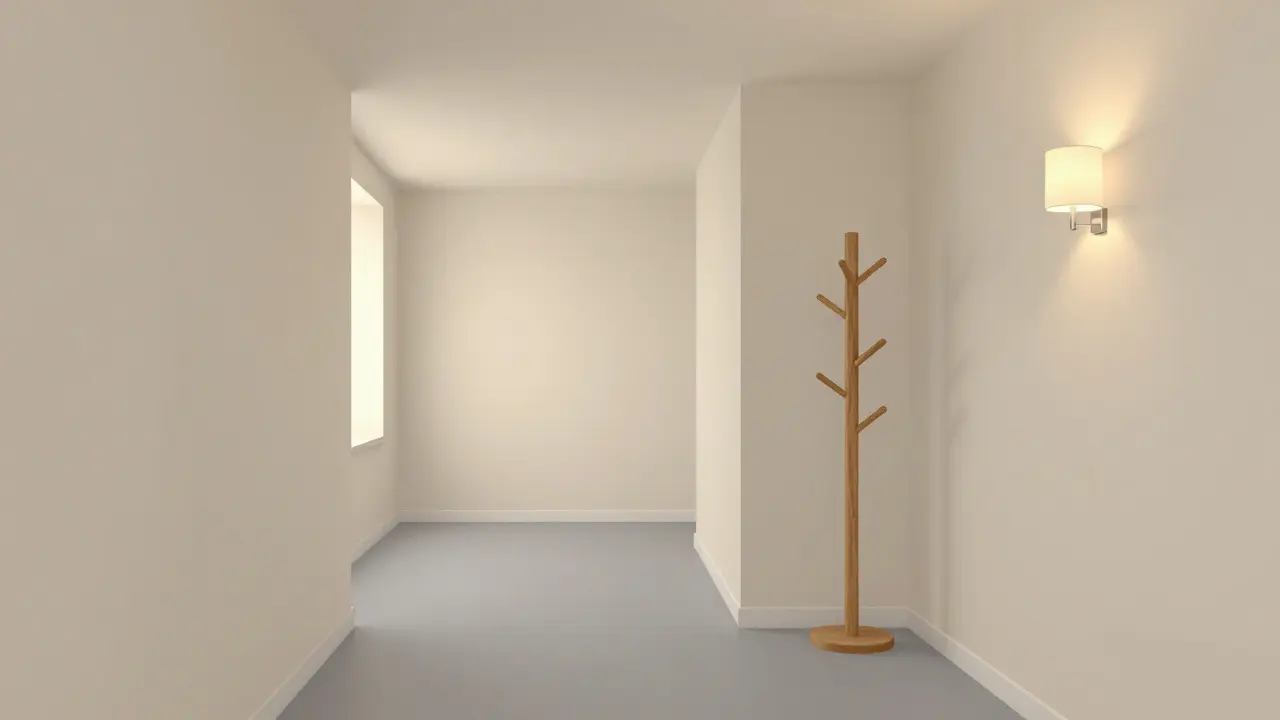 Skandinávský vstupní prostor s jemným přechodem od bílé stěny k šedé podlaze, bez dekorací, s příjemným osvětlením a přirozeným dřevem.