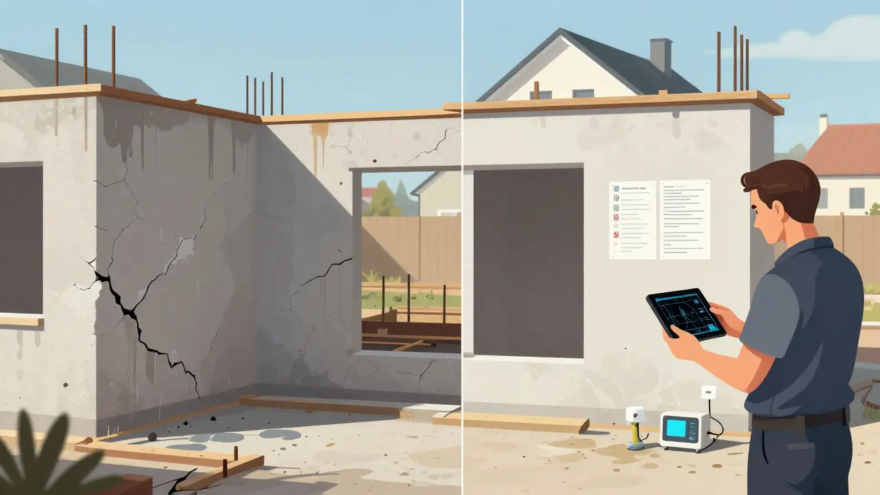 Split image comparing poorly supervised construction with professionally monitored renovation work.