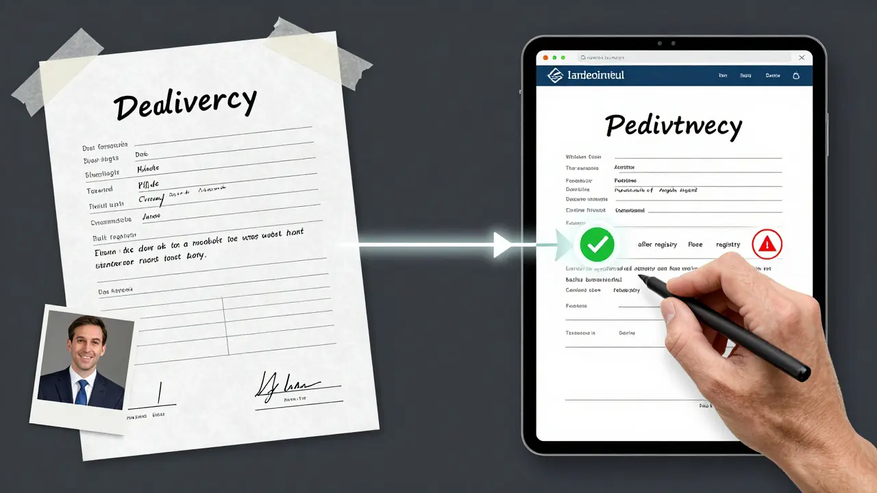 Split view: handwritten delivery protocol with photos vs. digital signature synced to land registry.