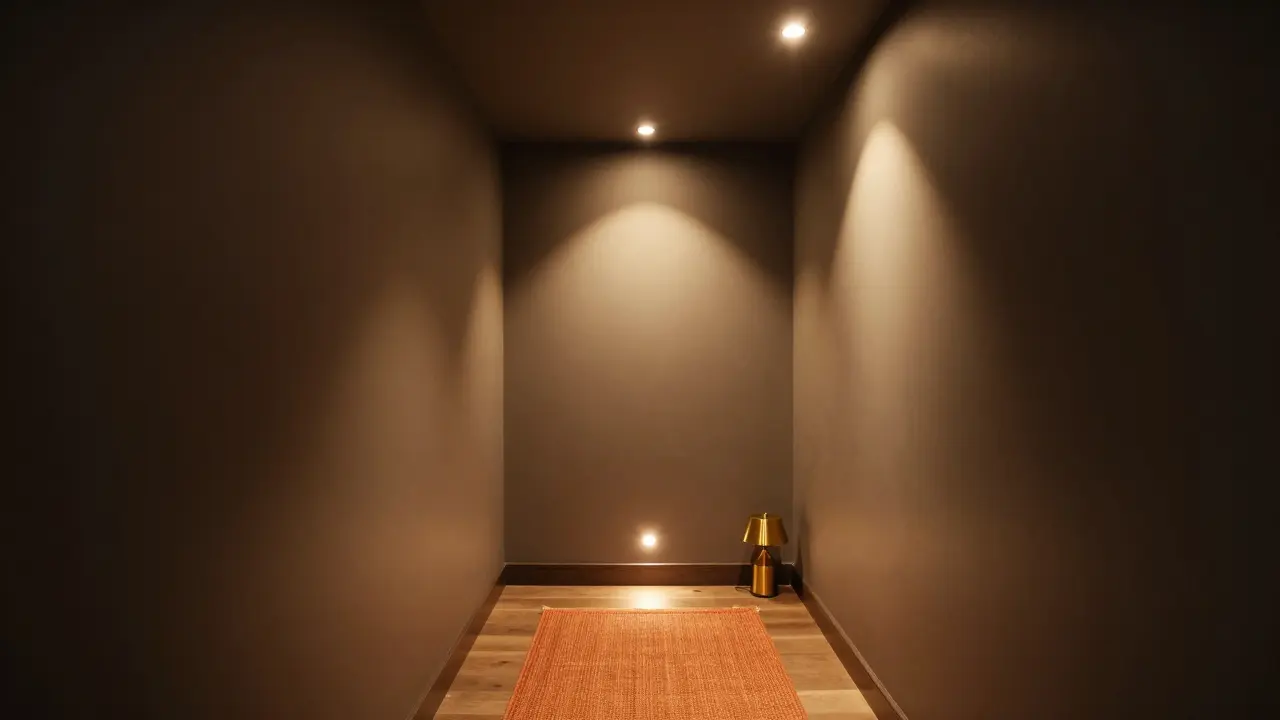 Tmavá předsíň osvětlená teplými LED zdroji, s pískovou stěnou a jedním oranžovým koberečkem, vytvářející pocit tepla ve tmě.