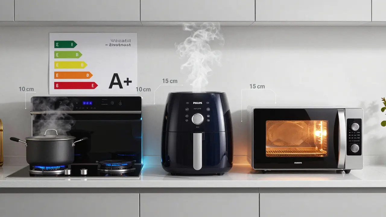 Tři kompaktní spotřebiče v činnosti s označenými mezery pro větrání v malé pražské kuchyni.