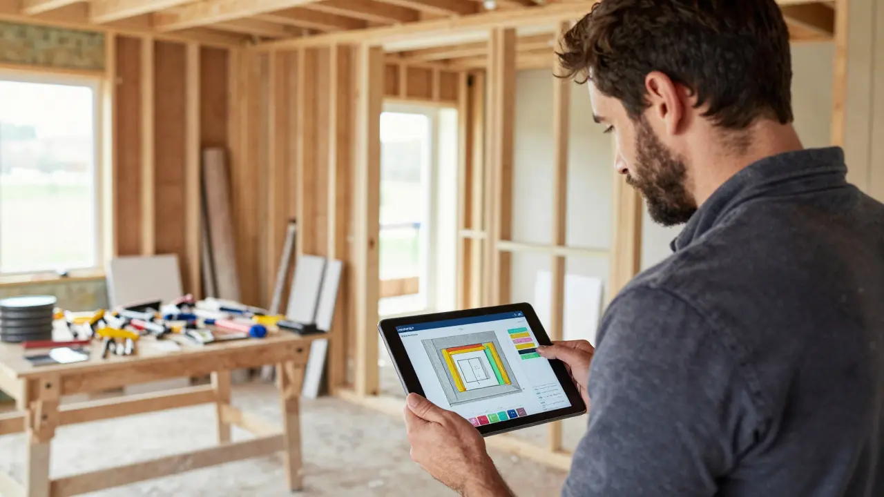 Vlastník a architekt prohlížejí AR vizualizaci sádrokartonové stěny na tabletu.