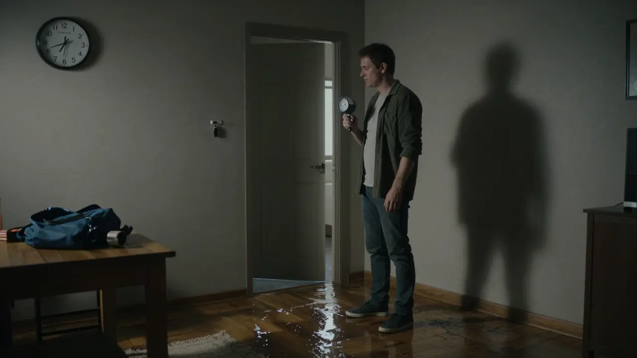 Water damage in a living room while delivery protocol remains unsigned, symbolizing transferred liability.