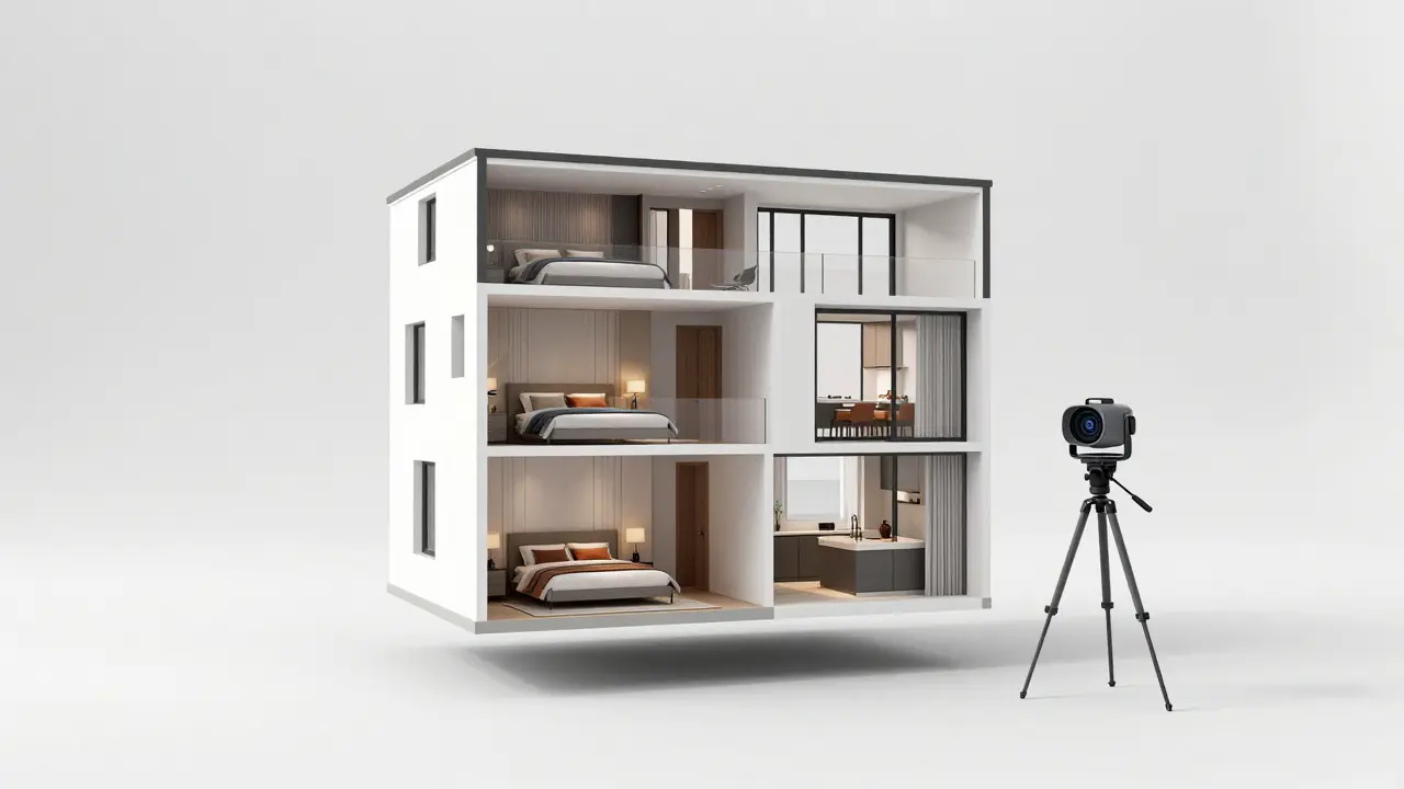 3D model domu v pohledu 'dollhouse' s profesionální kamerou Matterport.