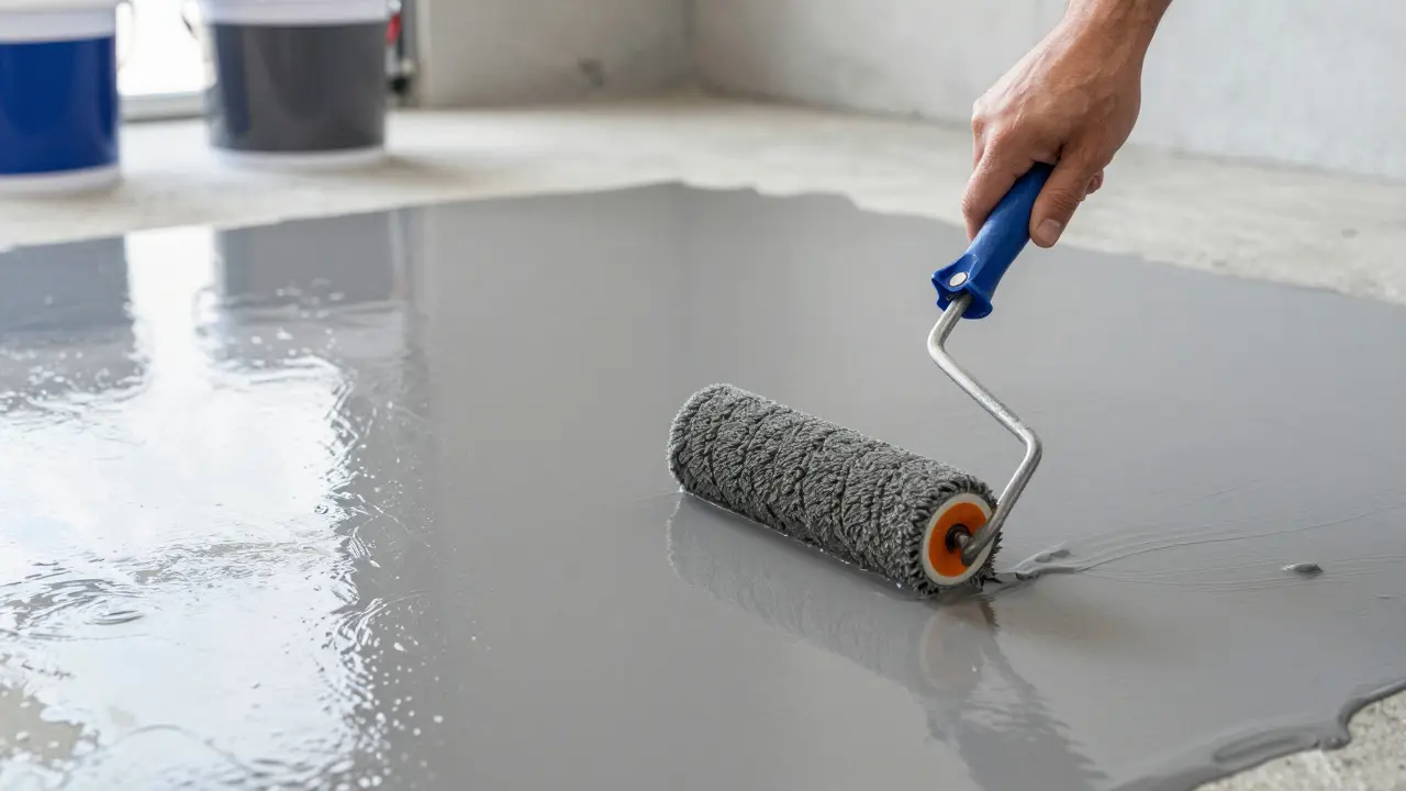 Aplikace glossy epoxidového nátěru na betonovou podlahu v garáži pomocí válečku.