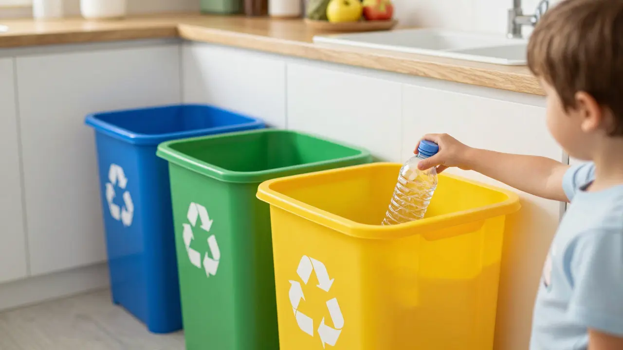 Barevné třídící koše v kuchyni, do kterých dítě vyhazuje plastovou láhev.