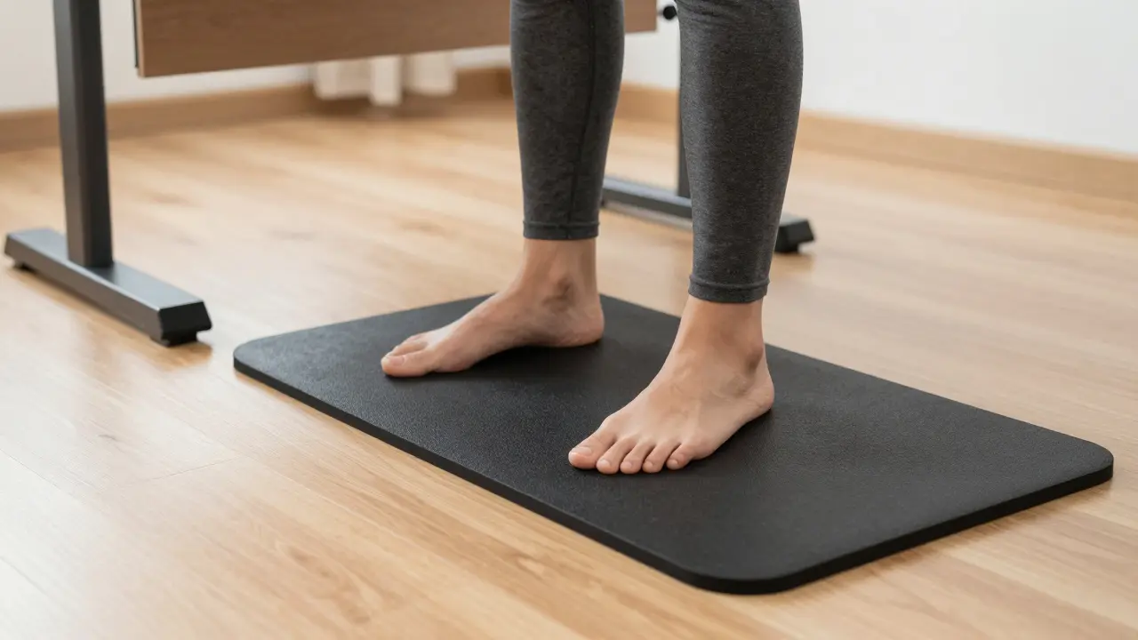 Detail ergonomické antifatig podložky pod nohama u stojacího stolu.