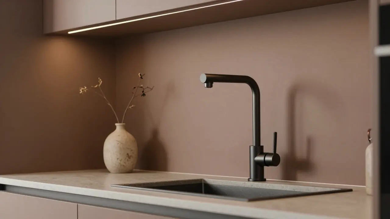 Detail moderní kuchyně s hnědnou stěnou a baterií v černém chromu.