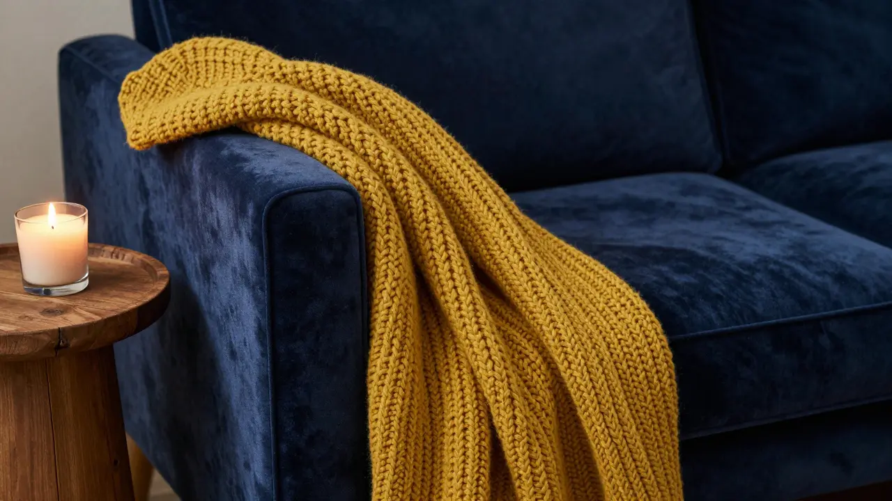 Detail modré sametové pohovky s hořčicovým vlněným přehozem.