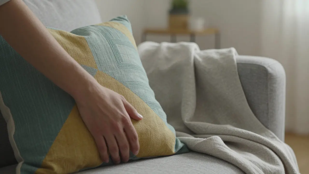 Detail polštáře s geometrickým vzorem na šedé pohovce v minimalistickém stylu.