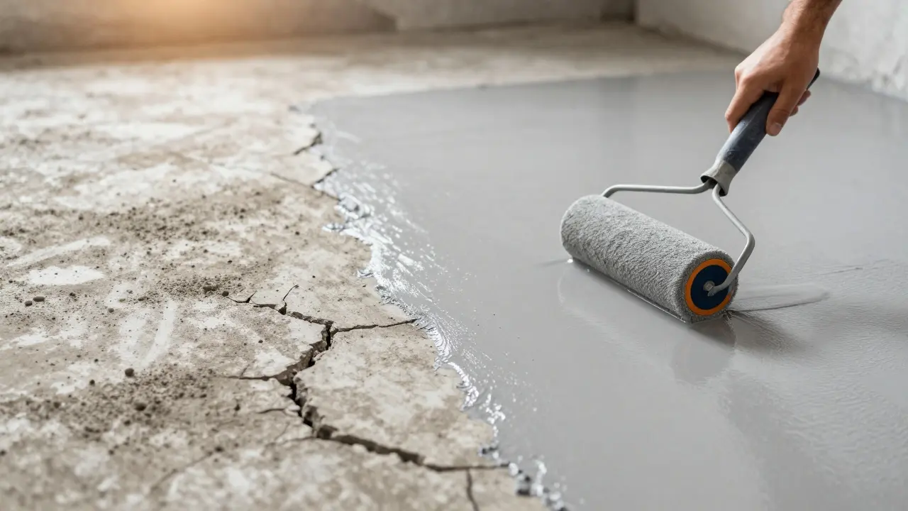 Detail procesu nátěru betonové podlahy od syrového povrchu k čistému dokončení.