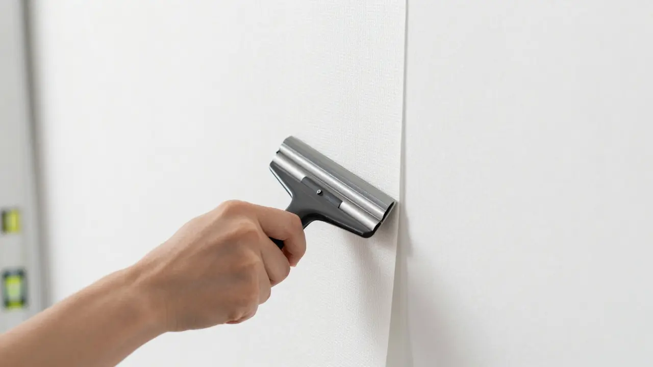 Detail procesu precizního lepení vliesové fototapety na připravenou hladkou stěnu.