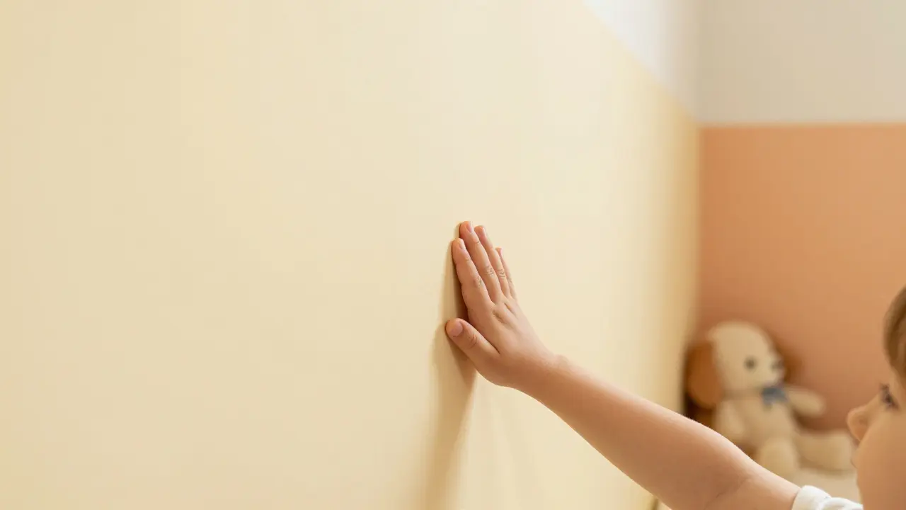 Detail teplých žlutých odstínů v dětském pokoji, které vytvářejí útulnou atmosféru.