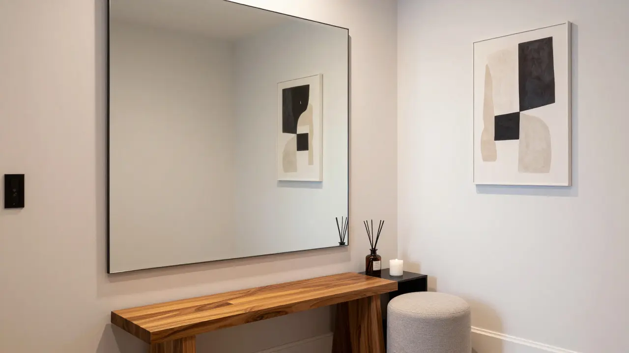 Detail zastagované předsíně se zrcadlem, stylovou lavičkou a minimalistickými dekoracemi.