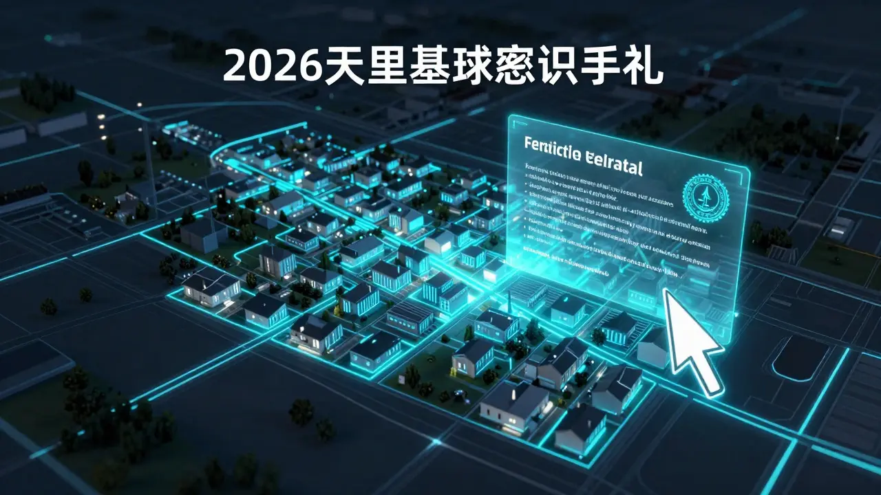 Futuristické digitální rozhraní portálu katastru nemovitostí s automatickým generováním popisu.