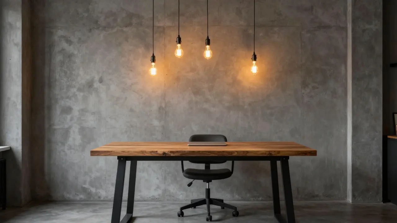 Industriální pracovna s betonovými stěnami, dřevěným stolem a Edisonovými žárovkami.