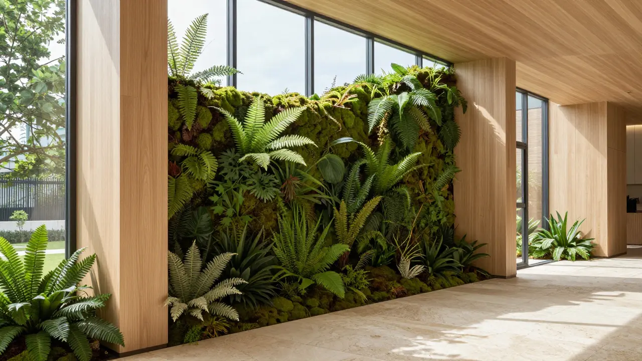 Interiér s vertikální zelenou stěnou a přírodními materiály pro wellbeing.