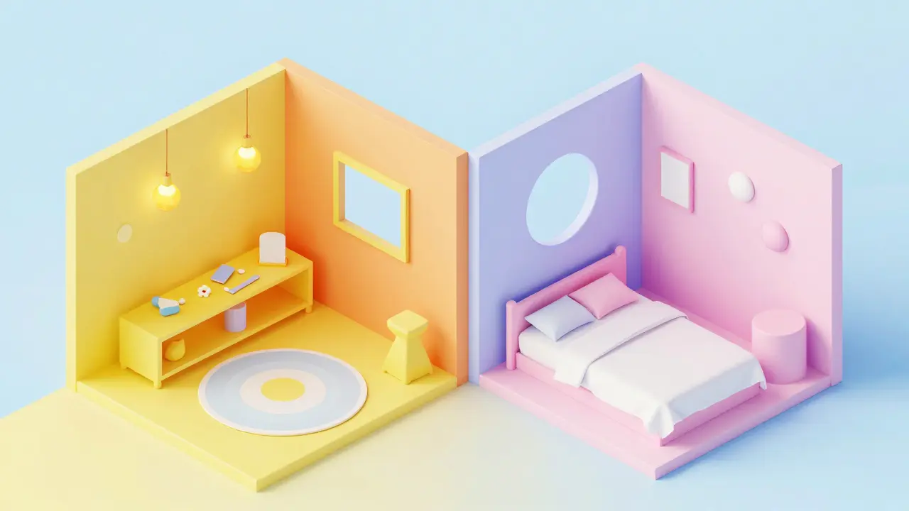 Izometrický pohled na dětský pokoj s energickými žlutými a oranžovými zónami pro hru.