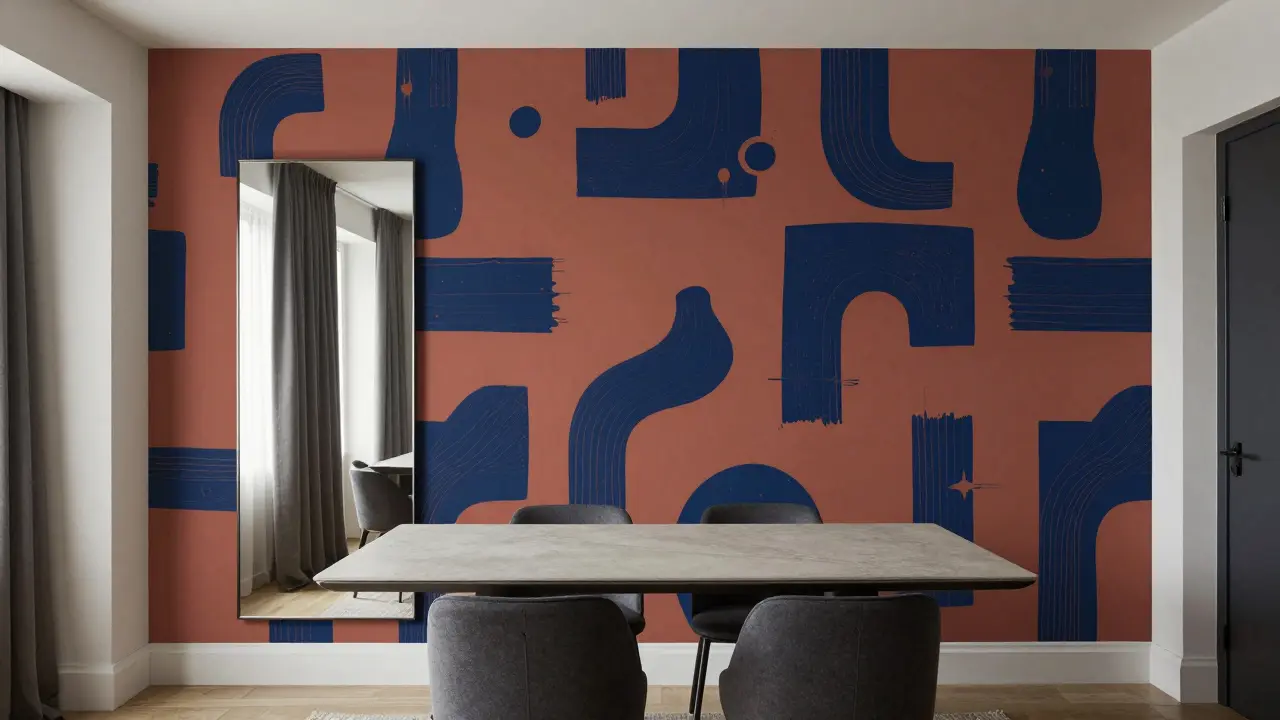 Jídelní kout s barevnou grafickou fototapetou a zrcadlem pro optické zvětšení prostoru.