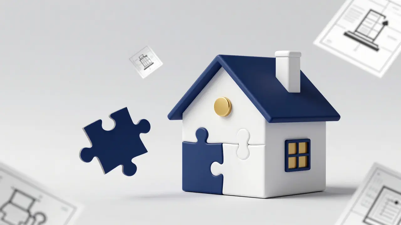 Konceptuální obraz domu jako puzzle s chybějícím kouskem symbolizujícím zapomenutý sklep.